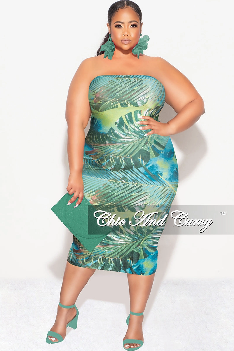 Final Sale Plus Size Strapless Tube BodyCon Dress in Green Leaf Print Trendy Look Everyday Comfort