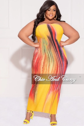 Final Sale Plus Size Strapless Tube BodyCon Dress in Yellow Mustard Multi-Color Mustard Print Flat Seams