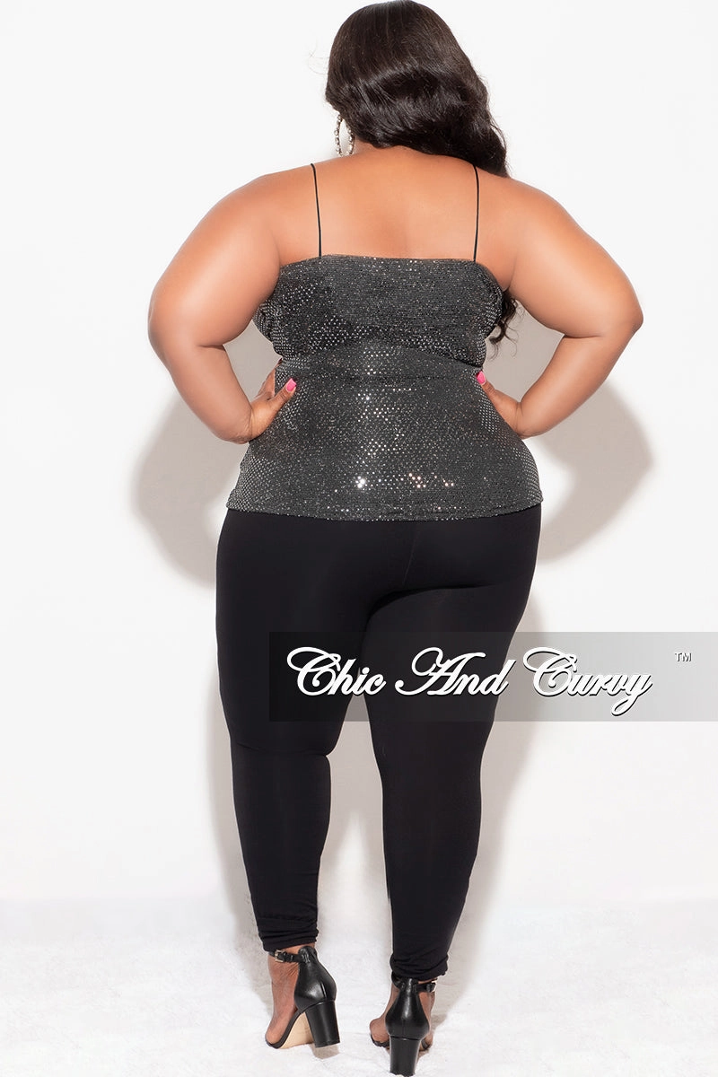 Quick Access Pockets Final Sale Plus Size Surplice wrap V-Neck Sparkly Top with Spaghetti Strap in Silver and Black