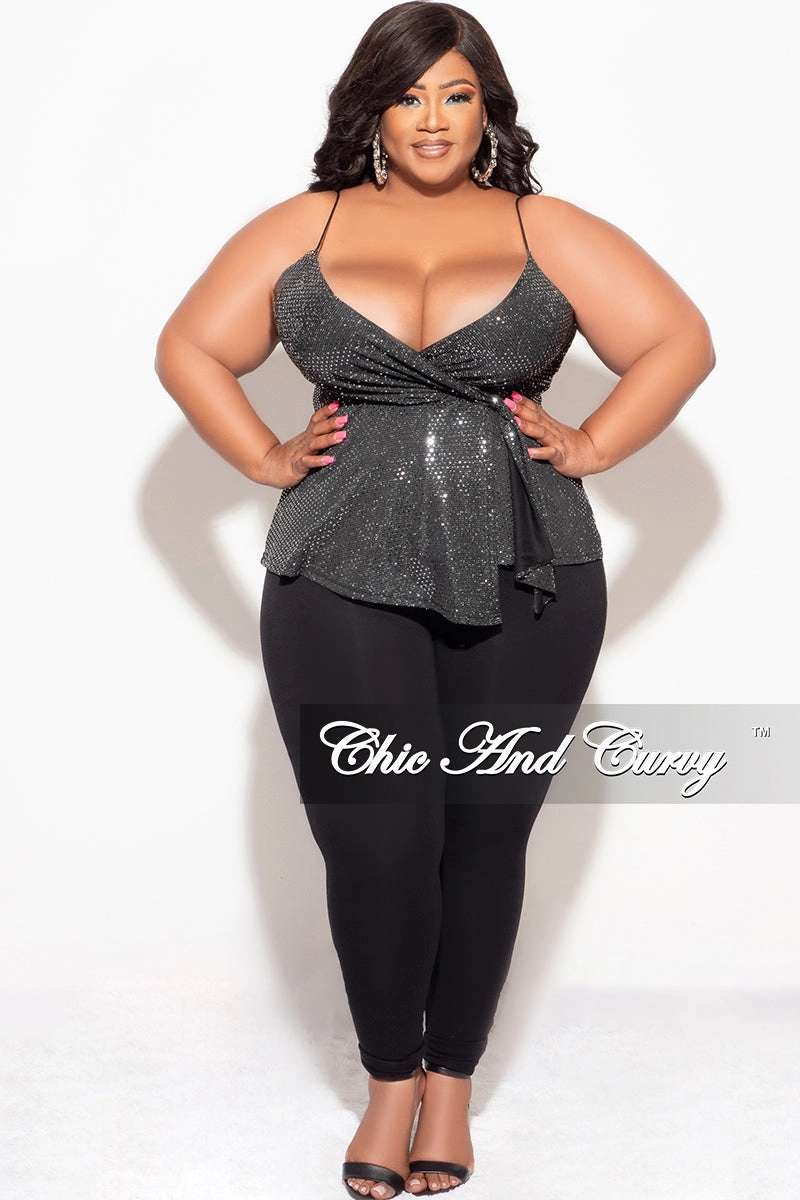 Final Sale Plus Size Surplice wrap V-Neck Sparkly Top with Spaghetti Strap in Silver and Black Natural Fiber Blend FlexibleCuffs