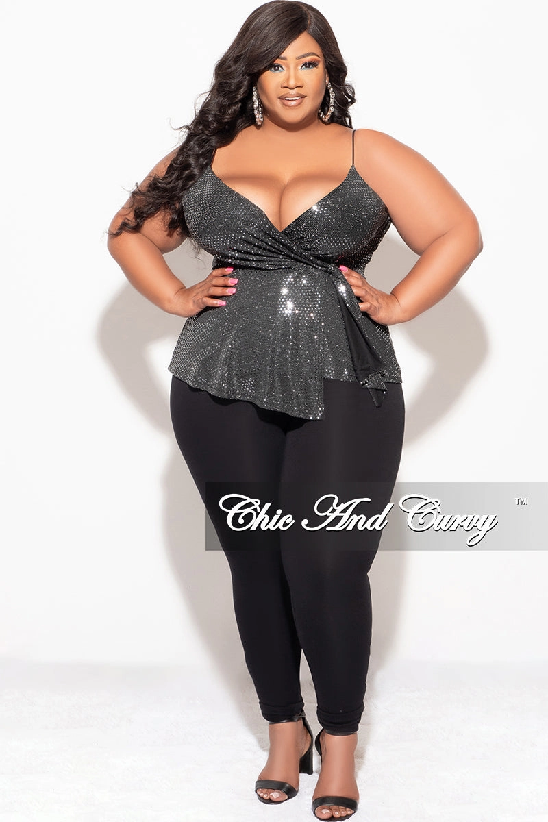 Final Sale Plus Size Surplice wrap V-Neck Sparkly Top with Spaghetti Strap in Silver and Black Relaxed Vibes Stylish Look