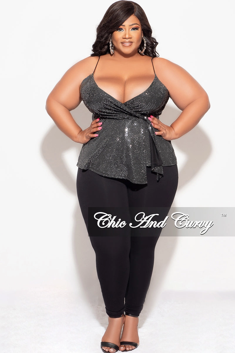 Breathable wear Timeless and Chic Final Sale Plus Size Surplice wrap V-Neck Sparkly Top with Spaghetti Strap in Silver and Black