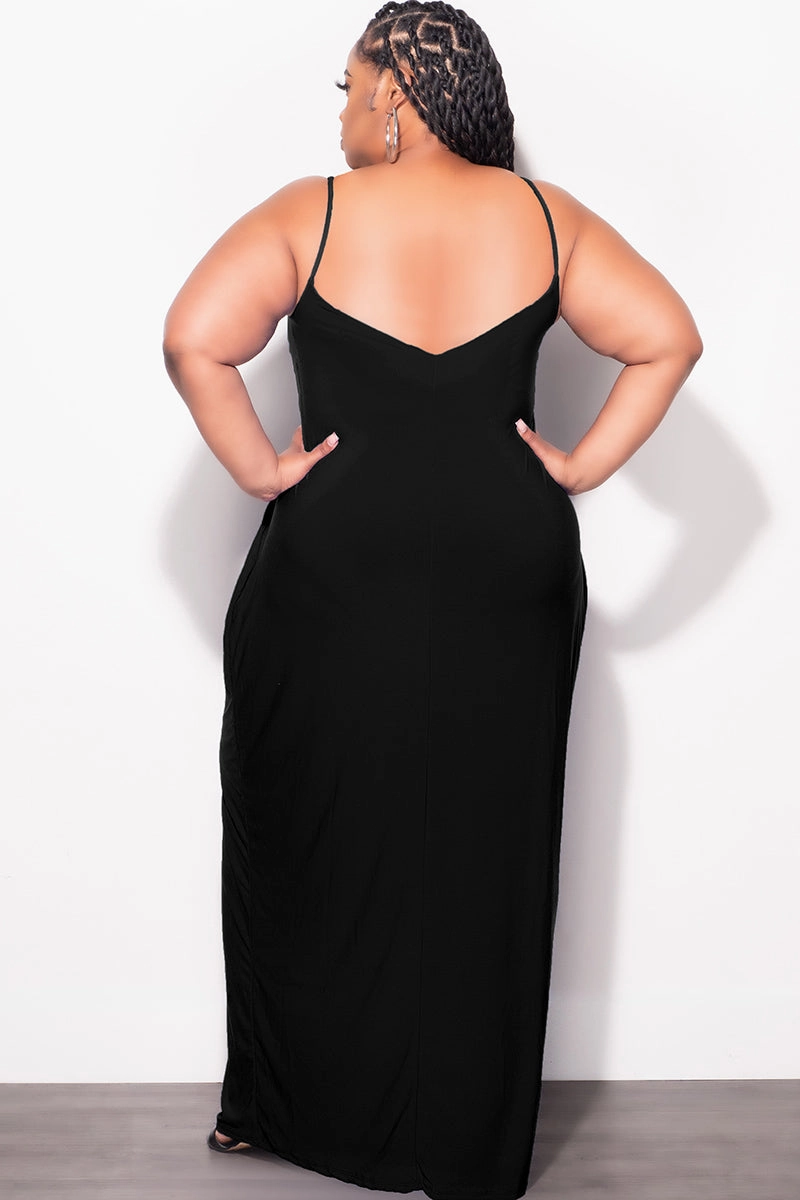 Final Sale Plus Size Tank Spaghetti Strap Maxi Dress in Black Multi Pocket Design Base Layer