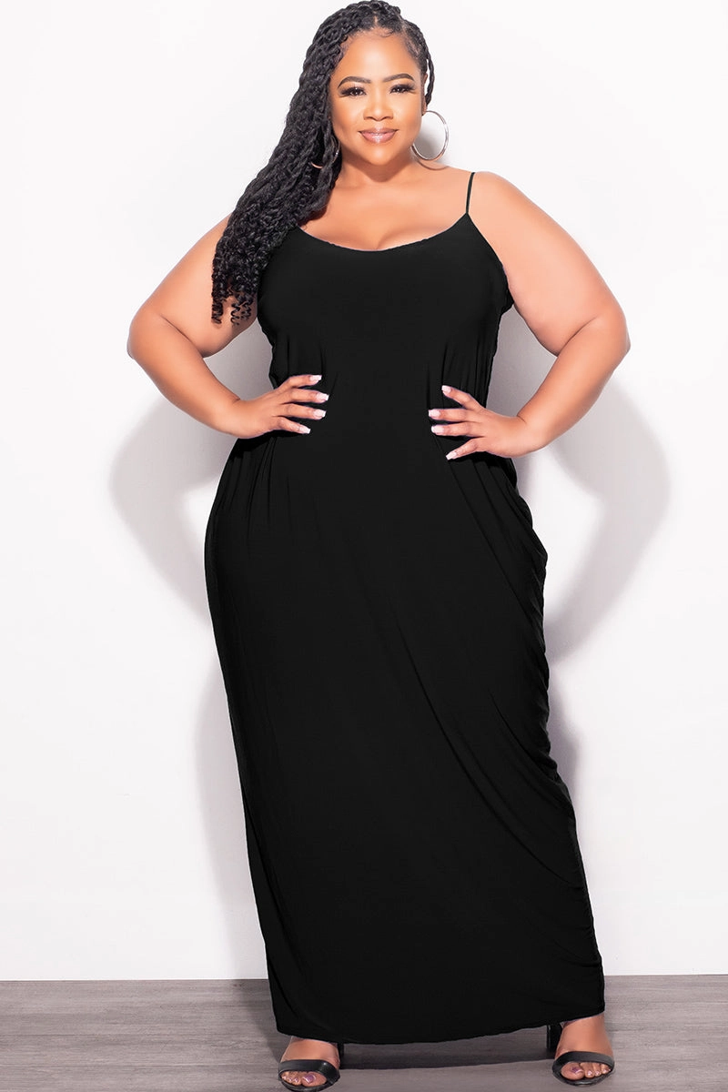Final Sale Plus Size Tank Spaghetti Strap Maxi Dress in Black Noise Reduciting Fabric Smooth zipper closure