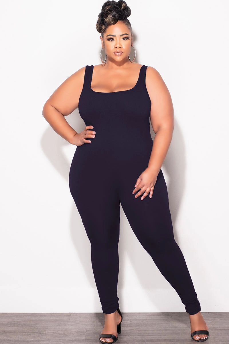 Final Sale Plus Size Thick Ribbed Catsuit Unitard in Black Versatile Waist Movement Fit