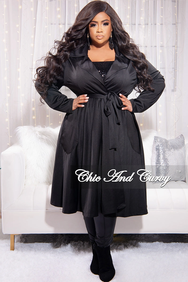 Metallic accents Final Sale Plus Size Trench Coat with Tie in Black