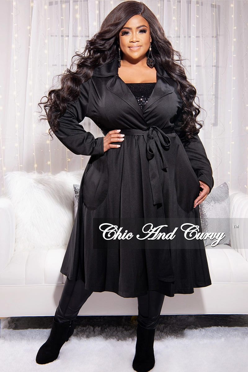 Final Sale Plus Size Trench Coat with Tie in Black Adjustable drawstring