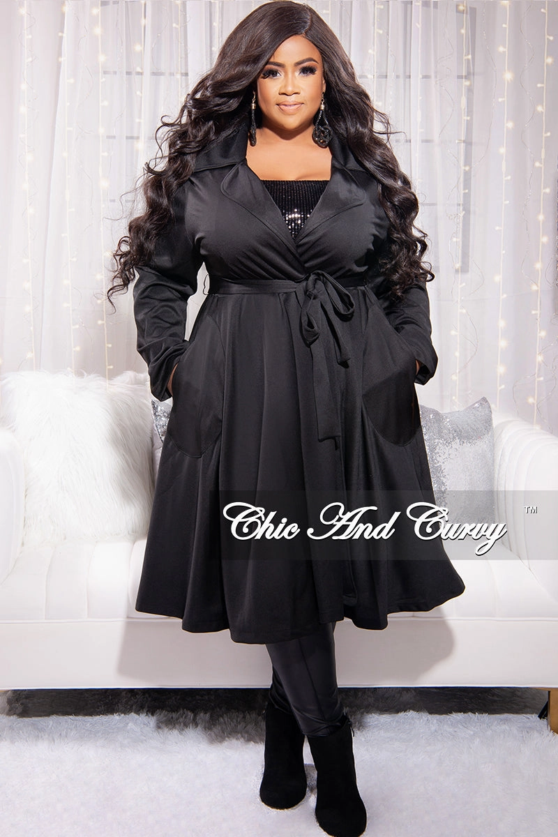High Waist Final Sale Plus Size Trench Coat with Tie in Black