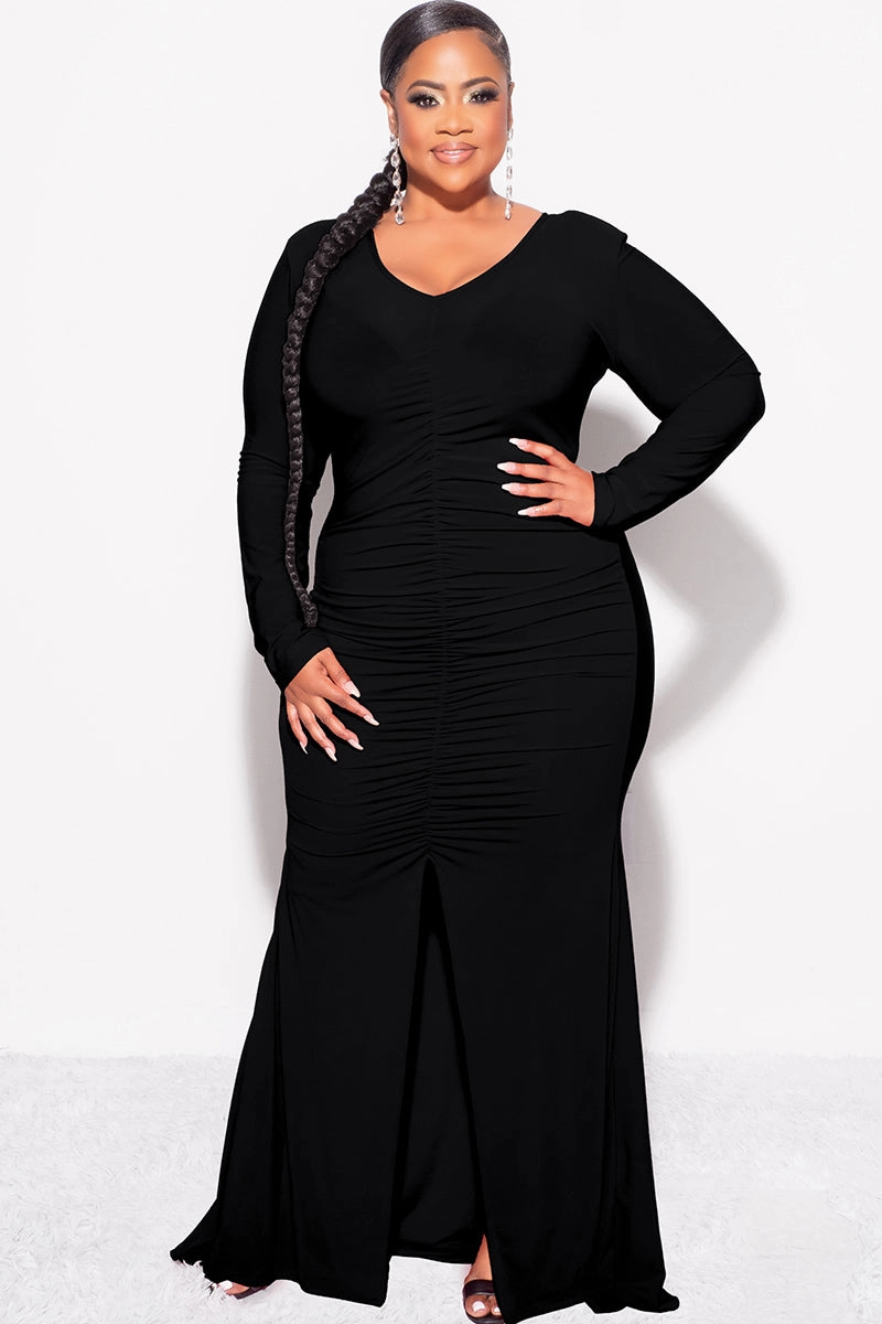 RecycledBlend Final Sale Plus Size V-Neck Gown with Center Ruching and Slit in Black