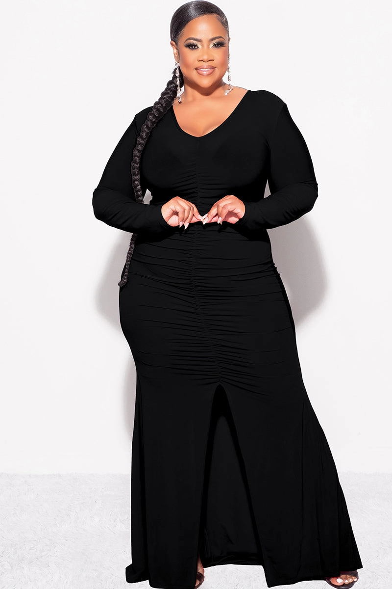 WaterResistant Ventilated Panels Final Sale Plus Size V-Neck Gown with Center Ruching and Slit in Black