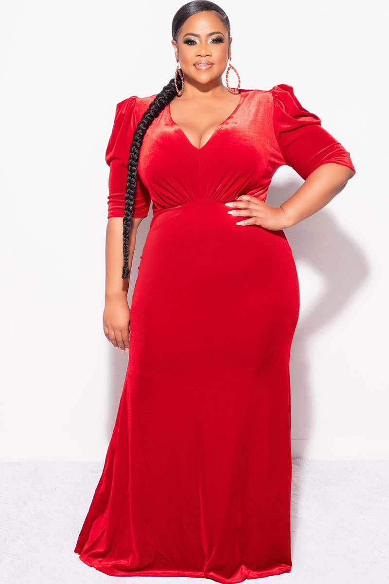 Final Sale Plus Size V-Neck Gown with Puffed Sleeves in Red Velvet AntiPillingTreatment