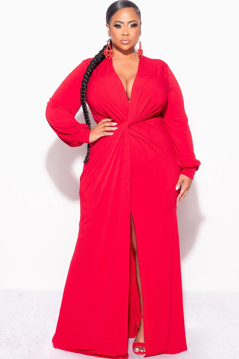 Final Sale Plus Size V-Neck Gown with Twist Front Waist in Red Odor Resistant Material CollapsibleFrame