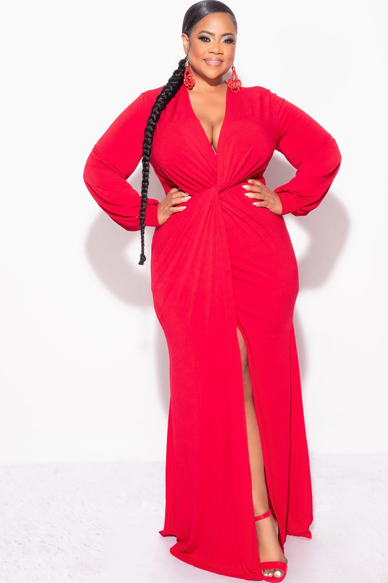 Final Sale Plus Size V-Neck Gown with Twist Front Waist in Red Relaxed Waistband Soft Waistband