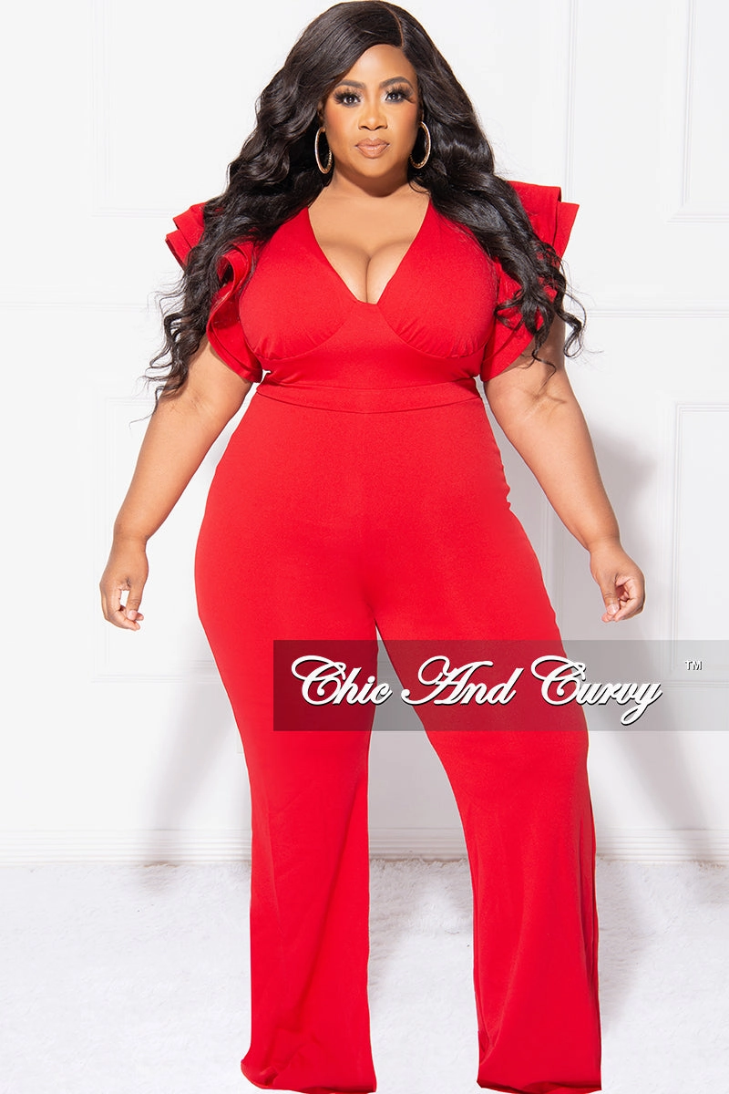 DoubleLayeredFabric Final Sale Plus Size V-Neck Jumpsuit with Ruffle Sleeves in Red