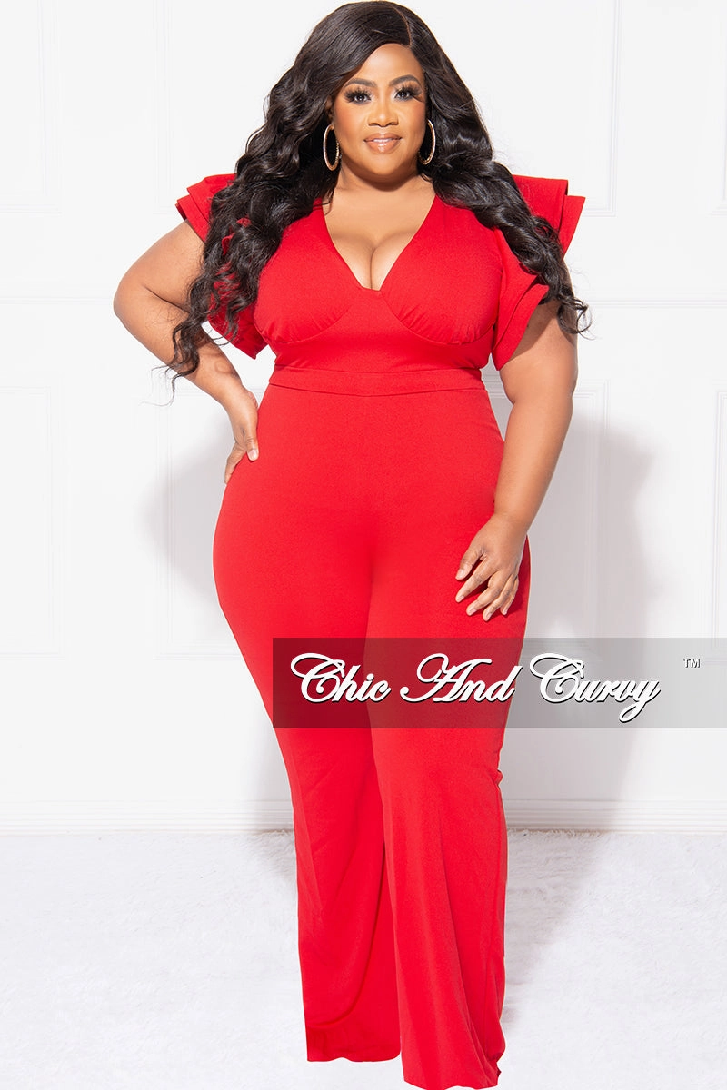 Final Sale Plus Size V-Neck Jumpsuit with Ruffle Sleeves in Red Cool Design Outdoor Light