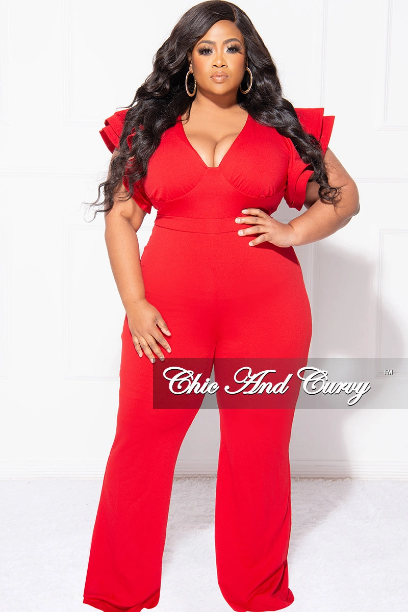 Versatile Option Final Sale Plus Size V-Neck Jumpsuit with Ruffle Sleeves in Red