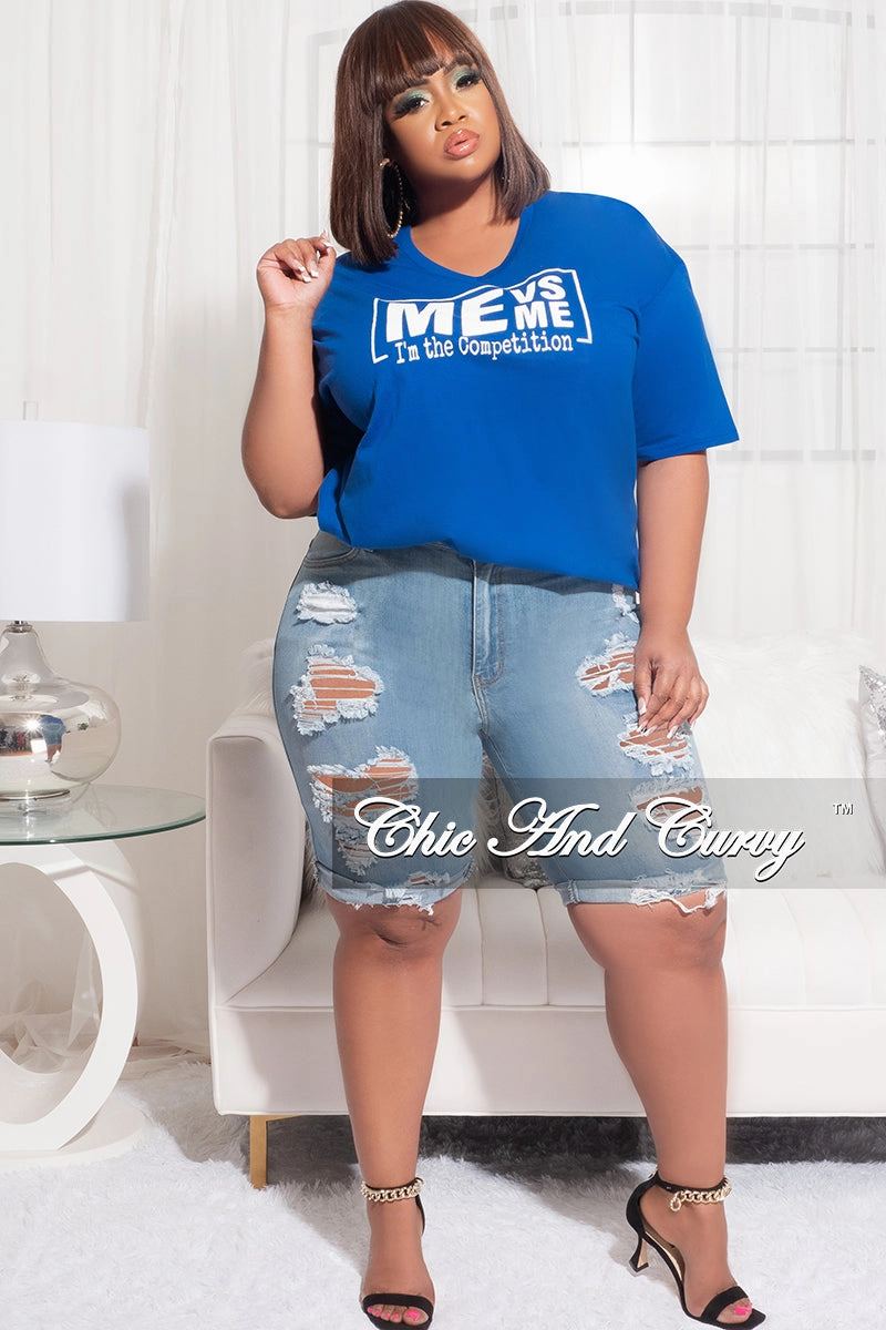 Flattering Design Moisture Management Final Sale Plus Size V-Neck Short Sleeve Me Vs Me T-Shirt in Royal Blue