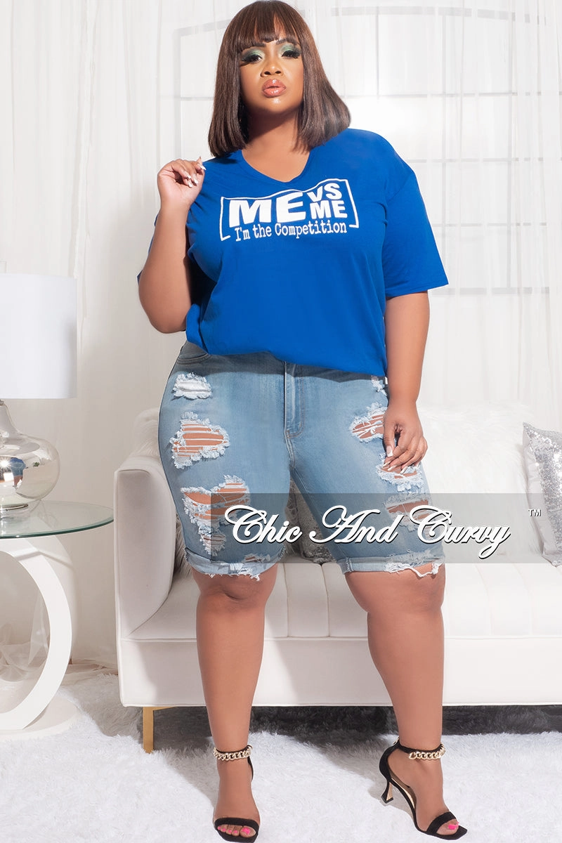 Form Fitting Final Sale Plus Size V-Neck Short Sleeve Me Vs Me T-Shirt in Royal Blue