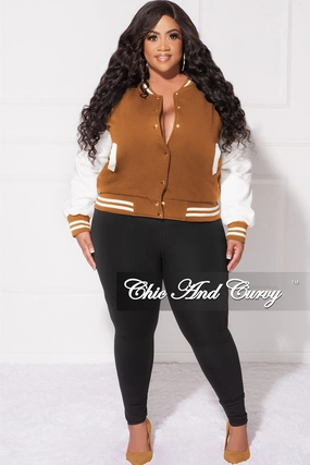 Final Sale Plus Size Varsity Jacket in Mocha and White All Time Use