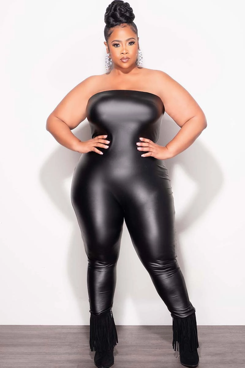Final Sale Plus Size Vegan Leather Jumpsuit in Black stain resistant coating