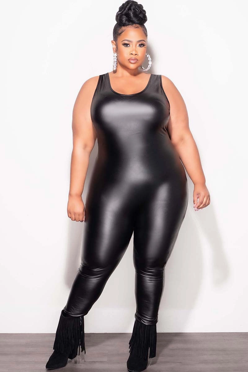Casual Flex SeamlessPockets Final Sale Plus Size Vegan Leather Tank Jumpsuit in Black
