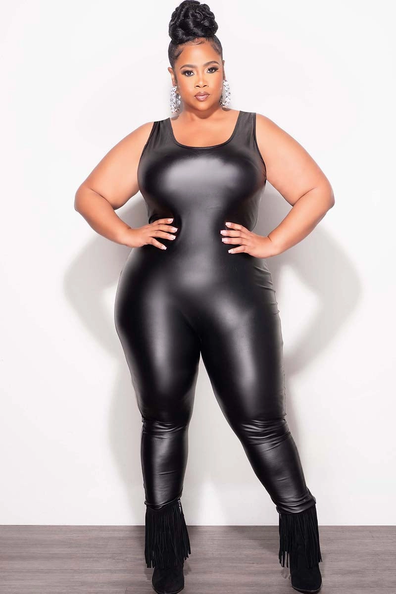 Durable Material Final Sale Plus Size Vegan Leather Tank Jumpsuit in Black
