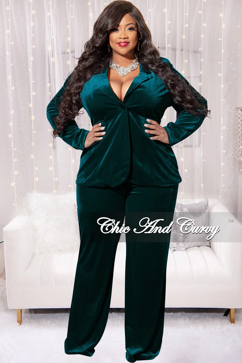 Bound Edges Final Sale Plus Size Velvet 2pc Pants Suit in Green