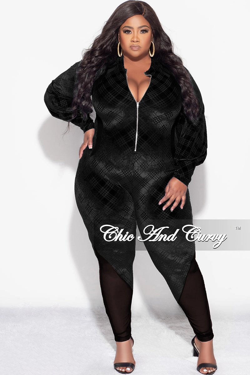 Body-Hugging Fit No Gap Waist Construction Final Sale Plus Size Velvet Mesh Contrast Zip-Up Jumpsuit in Black
