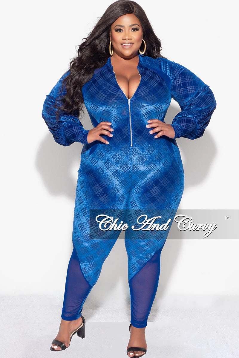 Trendy Appeal Core Style Final Sale Plus Size Velvet Mesh Contrast Zip-Up Jumpsuit in Royal Blue