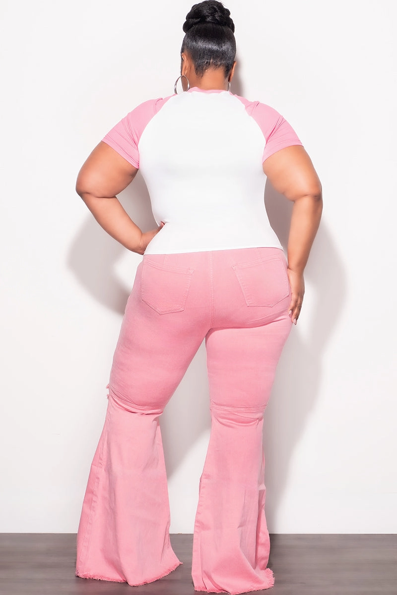 Final Sale Plus Size Wide Leg Denim Jeans with Distressed Knee in Pink Secure Closures Versatile Look