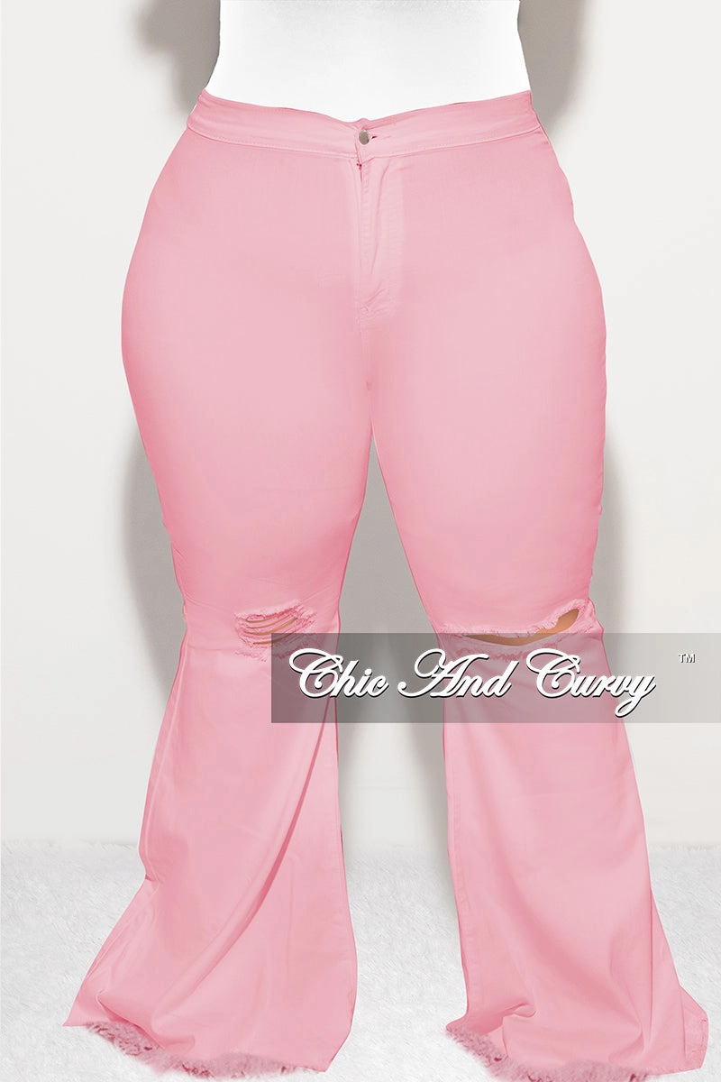 Comfort Stretch Final Sale Plus Size Wide Leg Denim Jeans with Distressed Knee in Pink
