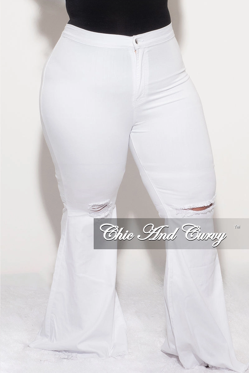 Final Sale Plus Size Wide Leg Distressed Knee Denim Jeans in White High Mobility LightweightConstruction
