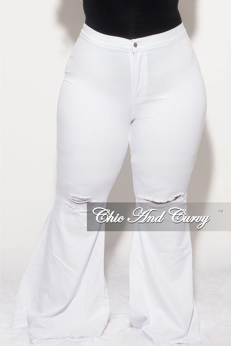 Final Sale Plus Size Wide Leg Distressed Knee Denim Jeans in White Training Comfort Active Stretch