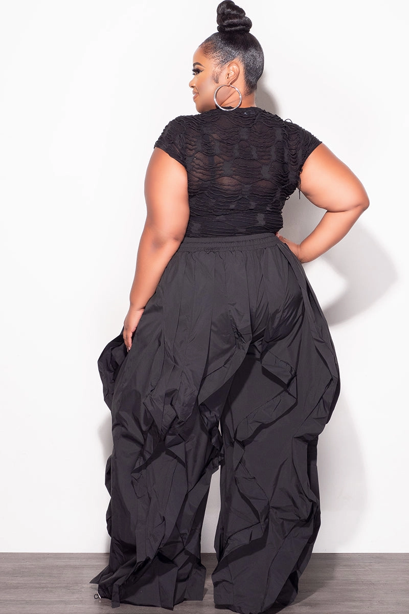 Final Sale Plus Size Wide Leg Drawstring Oversized Windbreaker Wavy Pants in Black Double Stitched