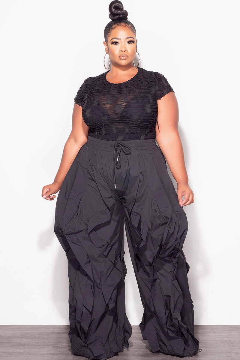 Non Iron Technology Simple Cut Final Sale Plus Size Wide Leg Drawstring Oversized Windbreaker Wavy Pants in Black