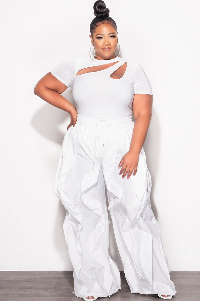 Final Sale Plus Size Wide Leg Drawstring Oversized Windbreaker Wavy Pants in White Moisture Wicking Fabric Flat Seams