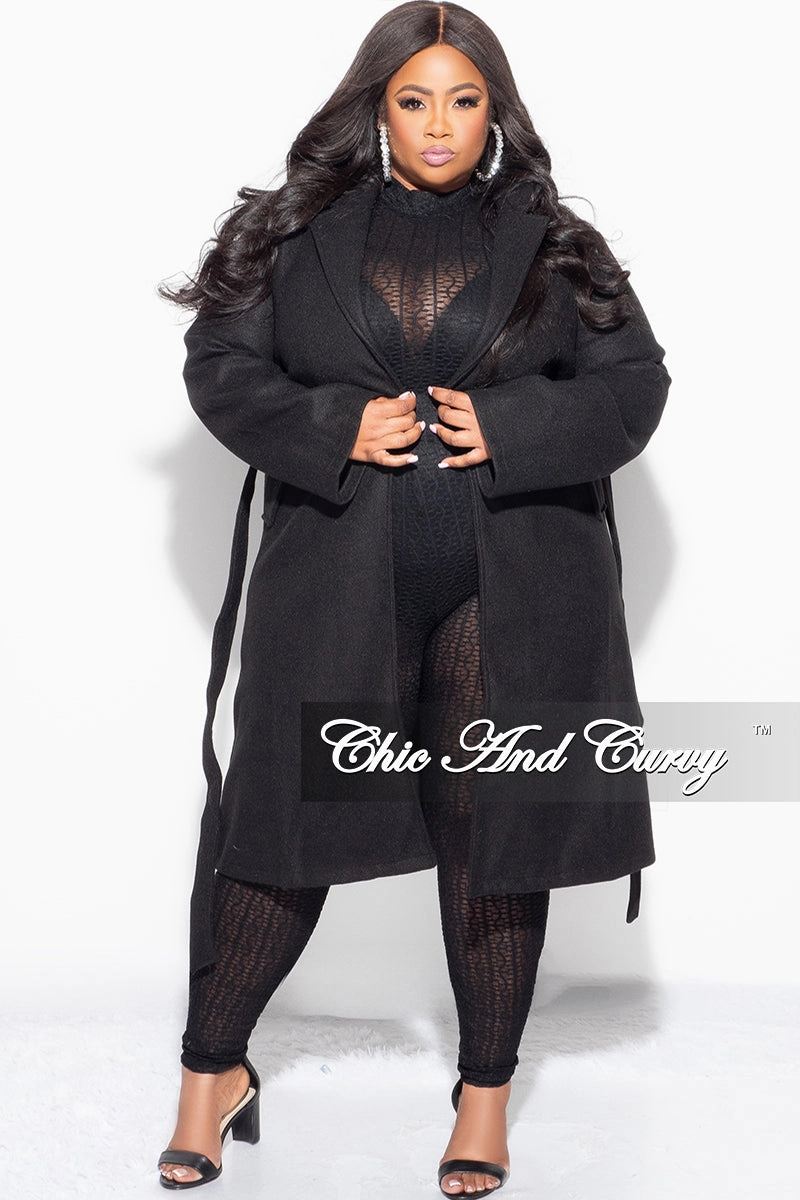 Final Sale Plus Size Wool Trench Coat with Tie in  Black Easy Access
