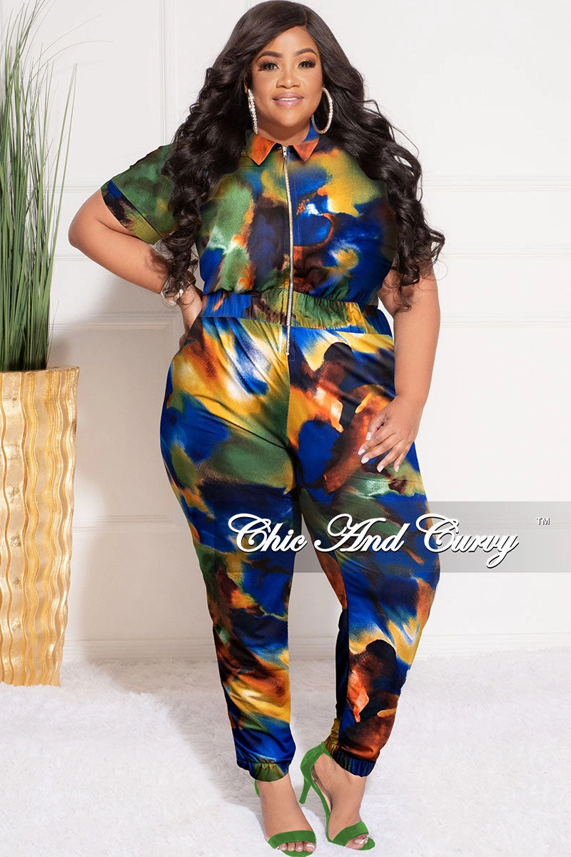 Final Sale Plus Size Zip Pocket Jumpsuit in Royal Blue Multi-Color Print Effortless Look Durable Utility
