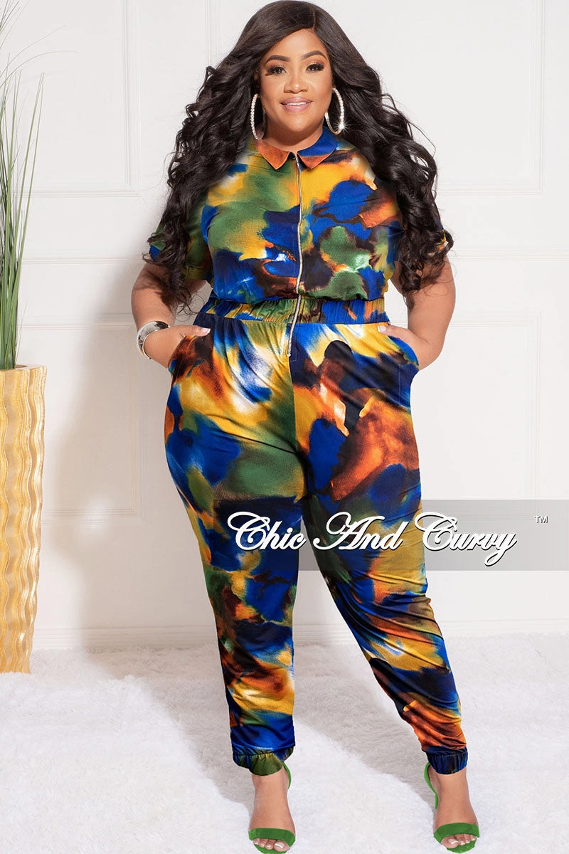 Final Sale Plus Size Zip Pocket Jumpsuit in Royal Blue Multi-Color Print WaterRepellentCoating Neutral Look