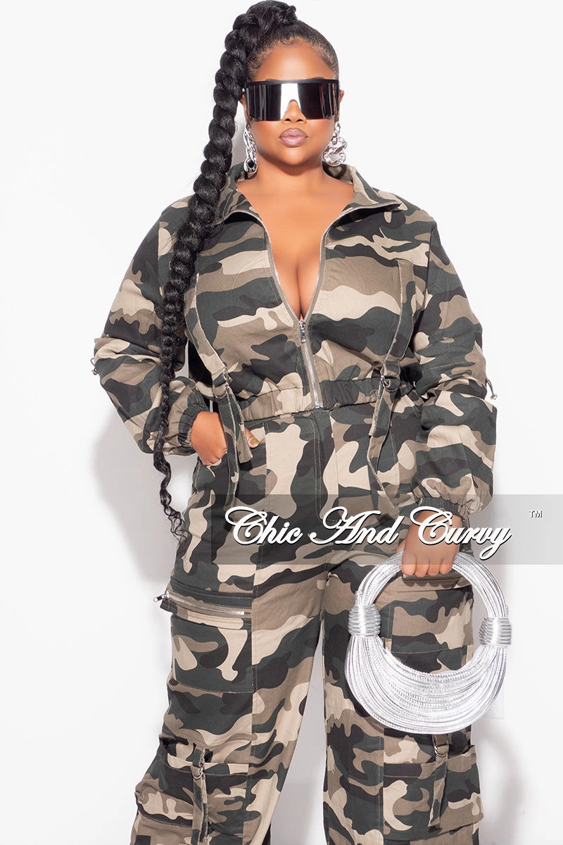 Final Sale Plus Size Zip Up Crop Cargo Jacket & Pants Set in Camouflage Print Odor Control Technology Day Adventure