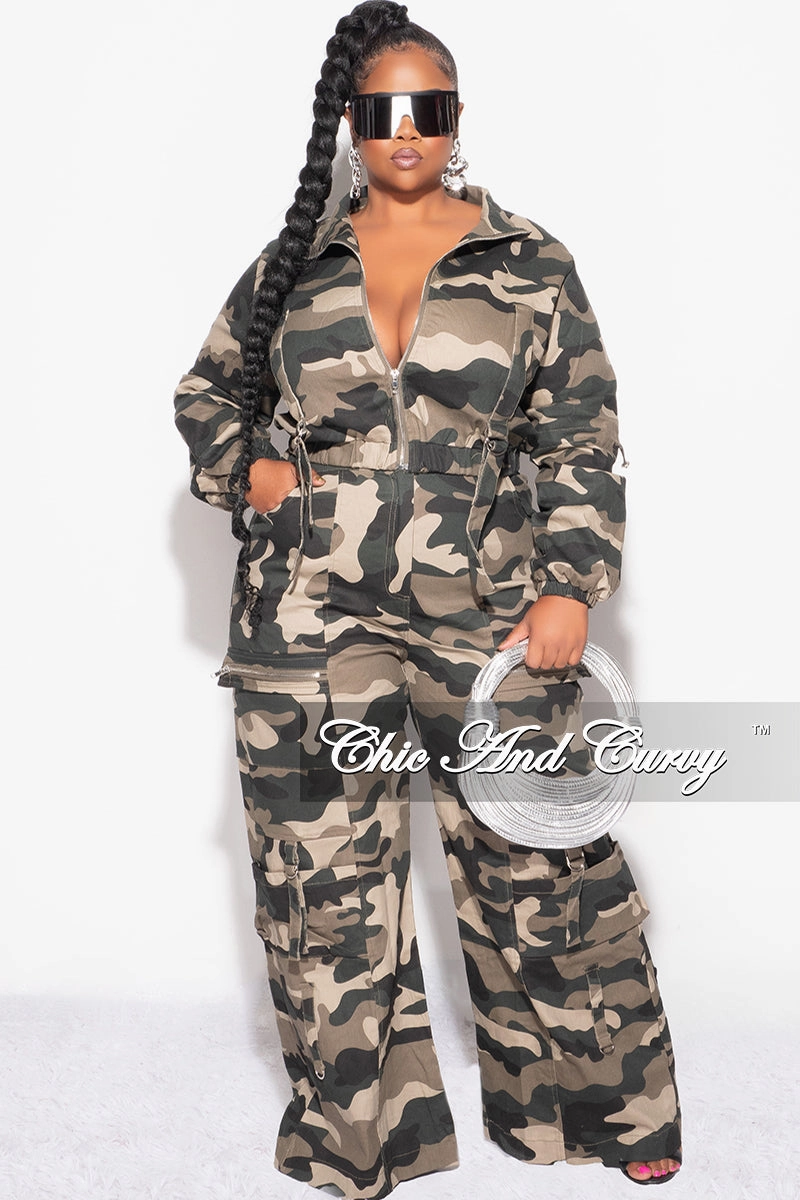 Final Sale Plus Size Zip Up Crop Cargo Jacket & Pants Set in Camouflage Print Freedom Fit Casual Active Wear