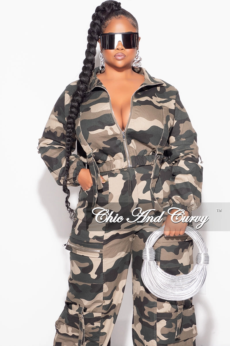 Final Sale Plus Size Zip Up Crop Cargo Jacket & Pants Set in Camouflage Print Comfy Material