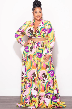 Final Sale Size 2pc Chiffon Crop Tie Top and Frill Pants Set in Multi Color Print Comfy Wardrobe Chilly Weather Fit