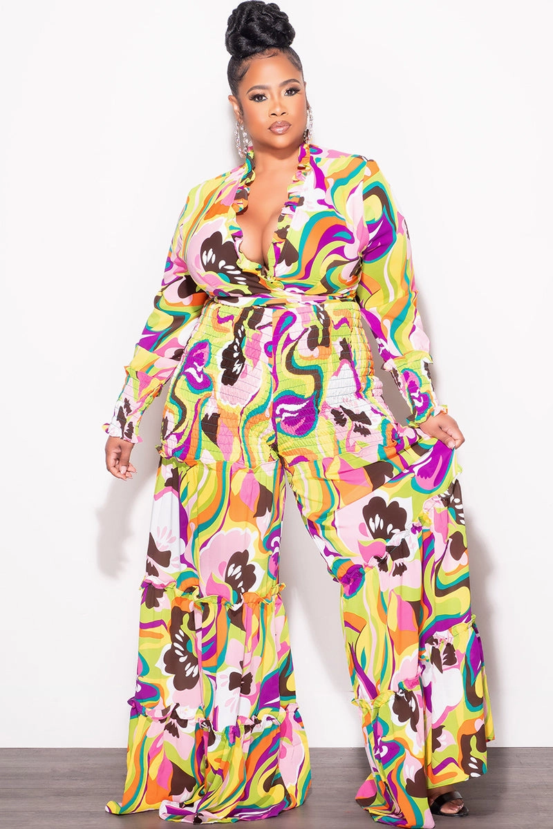 Final Sale Size 2pc Chiffon Crop Tie Top and Frill Pants Set in Multi Color Print Sleek Appearance