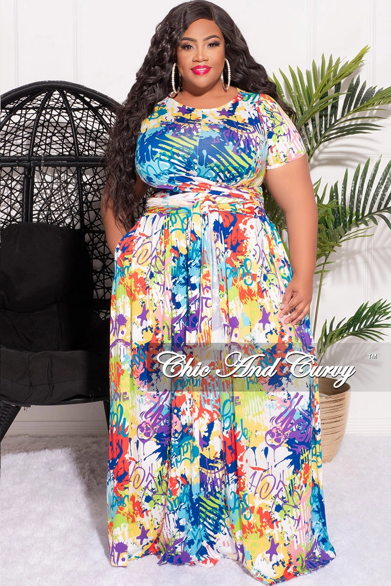 Final Sale Size 2pc Tie Top Maxi Skirt Set in Multi-Color Graffiti Print Secure Cuff Design Layered Comfort