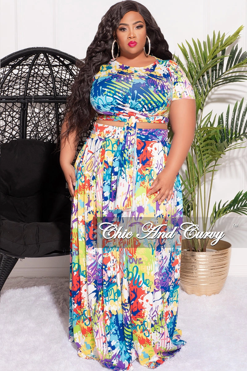 Final Sale Size 2pc Tie Top Maxi Skirt Set in Multi-Color Graffiti Print Stretchable Comfort Street Style