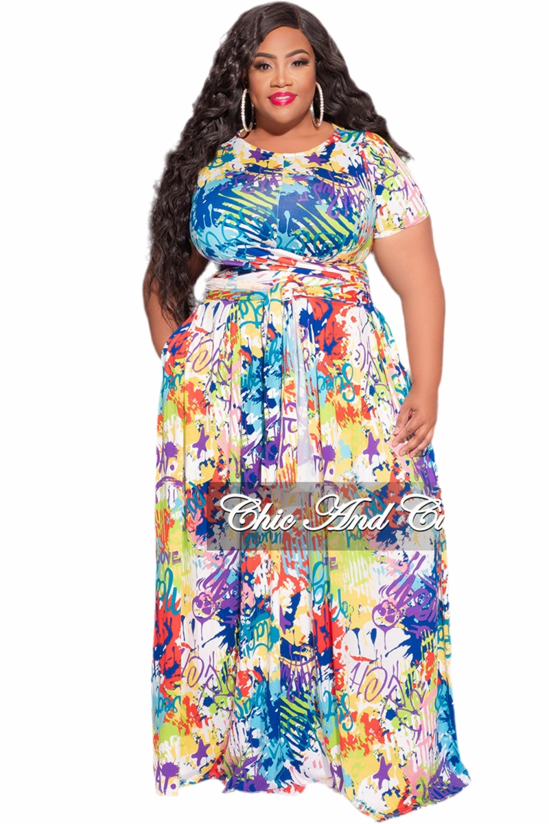 Final Sale Size 2pc Tie Top Maxi Skirt Set in Multi-Color Graffiti Print Outdoor Comfort Fit Smart Motion