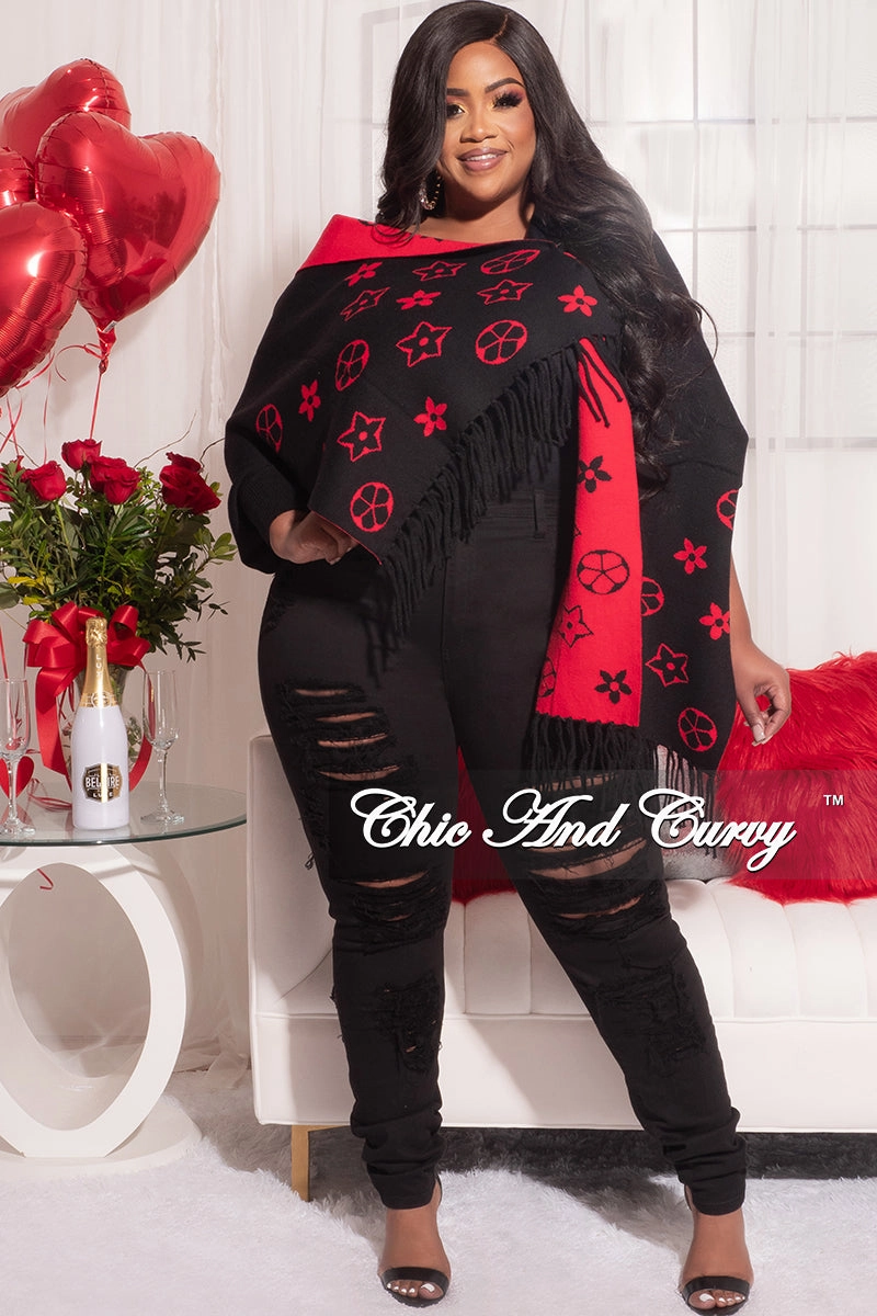 TailoredSilhouette Sustainable Material Blend Final Sale Striped Poncho Shaw in Black and Red Design Print