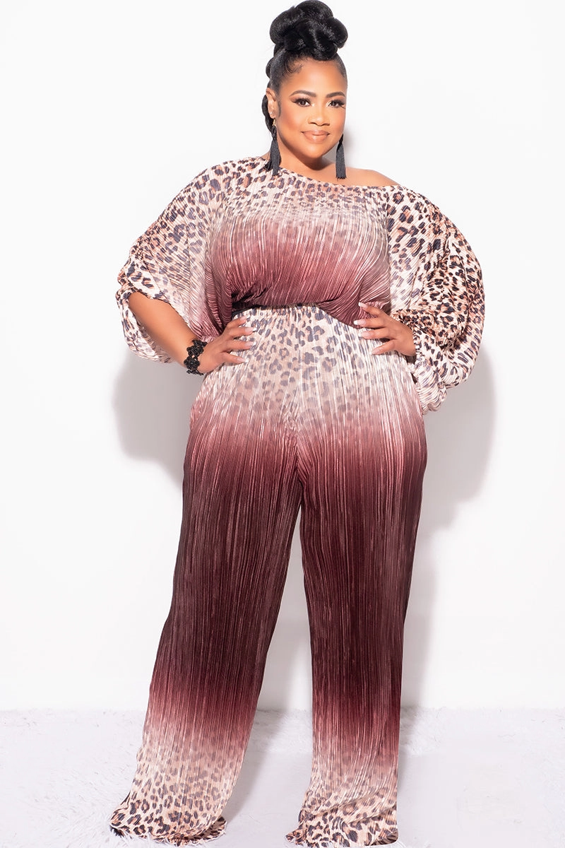 TailoredSilhouette No Bunching Final Size 2pc Pleated Off the Shoulder ColorBlock Top and Pants Set in Animal Print and Brown