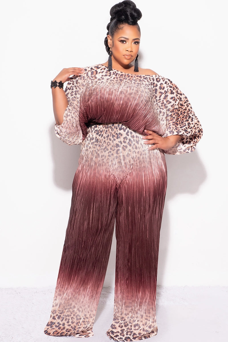 Functional Layer Fitted Design Final Size 2pc Pleated Off the Shoulder ColorBlock Top and Pants Set in Animal Print and Brown